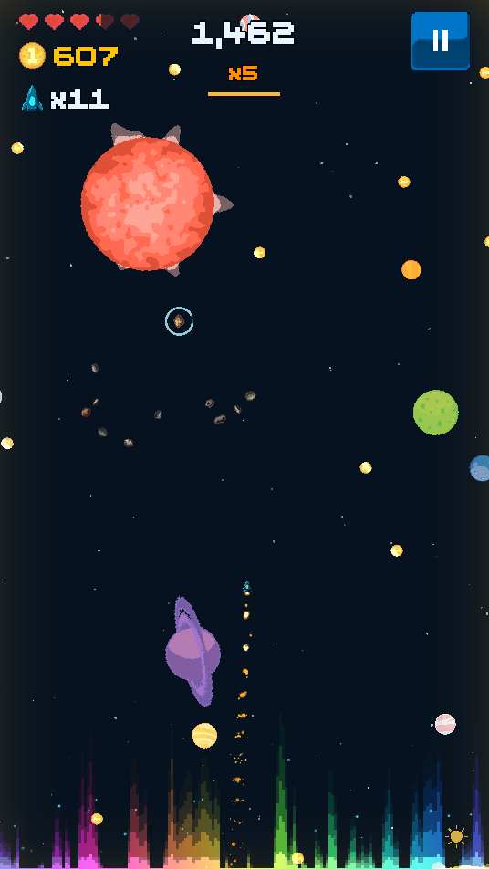 Orbit Drift gameplay: heat &times;5 past a sun and an asteroid field