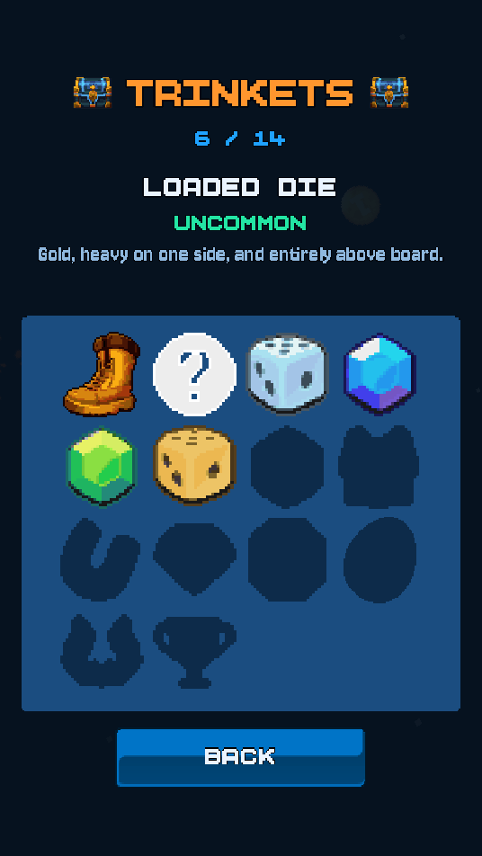 Six of fourteen trinkets collected